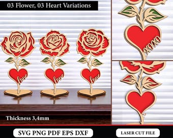 Standing Rose Ornament Laser Cut file, Layered Heart Rose With Stand, Mothers Day Gift 3D Wooden Rose, Valentine's Day Rose Laser Cut SVG