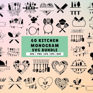 Peut inclure: Un ensemble de 60 designs de monogrammes de cuisine SVG en noir et blanc. Les designs présentent divers éléments liés à la cuisine, tels que des ustensiles, des ustensiles de cuisine et de la nourriture. Le texte "60 KITCHEN MONOGRAM SVG BUNDLE" est affiché au centre de l'image. Le texte "SVG | PNG | JPG | EPS | DXF" est affiché sous le texte principal. Le texte "HANSON" est affiché au centre de l'image.