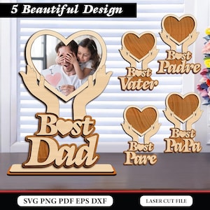 Cornice per foto per la festa del papà tagliata al laser, pacchetto SVG per cornice per foto per papà tagliata al laser, design SVG per cornice per foto a forma di cuore per papà 3D, file per taglio laser per i migliori papà