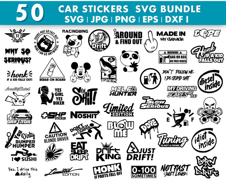 May include: A collection of 50 black and white car stickers with various designs and text. The stickers include phrases like "Honk if a kid falls out!" and "Diesel Inside." The image also includes the text "Car Stickers SVG Bundle."