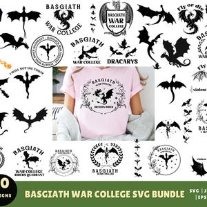 Puede incluir: Un conjunto de 50 diseños SVG en blanco y negro con dragones, texto y un diseño de camiseta. El texto incluye "Basgiath War College", "Fly or Die", "Dragon Rider" y "Violent Little Thing".