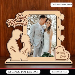 Ramka na zdjęcia ślubne, plik wycinany laserowo, wystrój domu SVG, Just Married Glowforge, prezent ślubny, natychmiastowe pobieranie SVG
