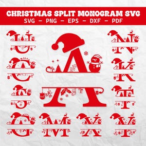 Może przedstawiać: Czerwone świąteczne monogramy SVG. Zawiera różne litery z elementami świątecznymi, takimi jak czapki Świętego Mikołaja, choinki i bałwany. Typy plików to SVG, PNG, EPS, DXF i PDF.