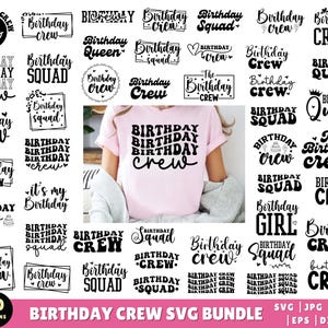 Pode incluir: Um download digital de 50 designs SVG de equipe de aniversário. Os designs apresentam várias frases como "Birthday Crew", "Birthday Squad" e "Birthday Queen". Os designs são em preto e branco e são perfeitos para criar camisetas personalizadas, canecas e outras artesanato.
