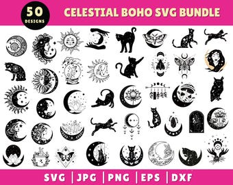 Celestial Boho SVG Bundle, Mystic Boho SVG, Spiritual Woman Moon Star Sun Clipart, Witchy Goddess, Boho Art,Cut File for Cricut,Instant File