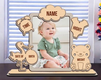 Baby Birth Photo Frame SVG, Baby Picture Frame Laser Cut Files, Child Metrica, Baby announcement SVG New baby gift Lasercut Digital download