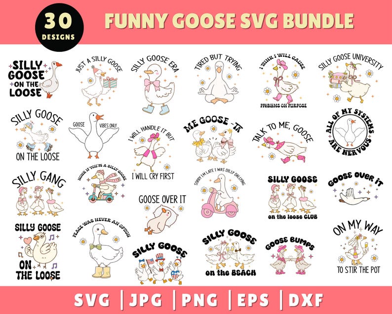 May include: A bundle of 30 funny goose-themed SVG designs. The illustrations showcase comical geese in different scenarios with humorous text. The designs include phrases such as "Silly Goose" and "Goose Bumps", ideal for creative projects.