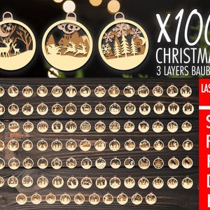 Pacchetto SVG di ornamenti natalizi 3 strati File di taglio laser di ornamenti Palle di Natale Decorazioni per alberi Artigianato Palline sospese Download digitale SVG