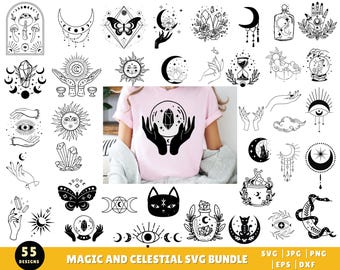 May include: A collection of 55 black and white celestial and magic-themed designs. The designs include moons, hands, crystals, butterflies, cats, suns, and other mystical elements. The text "MAGIC AND CELESTIAL SVG BUNDLE" is also present.