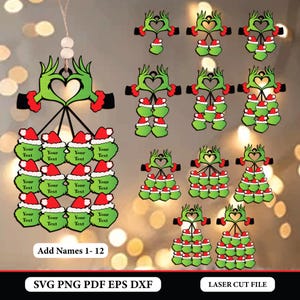Personalisierte Grinch Familie Ornament Lasercut Datei, Cartoon Ornament SVG, Ornament Dekor, Grinch svg, Merry Grinchmas.