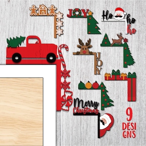 Puede incluir: Nueve archivos de corte digital con temática navideña para manualidades. Los diseños incluyen un camión rojo con un árbol de Navidad, un reno, un bastón de caramelo, una casa de jengibre, un Papá Noel y más. También se incluye el texto "Feliz Navidad" y "Ho Ho Ho".