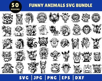 Paquete SVG de animales divertidos, archivos SVG de animales extravagantes, arte vectorial SVG, caras de animales de granja de dibujos animados SVG, animales lindos SVG, descargas instantáneas