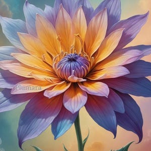 Peut inclure: Une grande fleur à pétales multiples avec un dégradé de teintes violettes et orange, dotée d'un centre violet profond. La tige est verte avec deux feuilles pointues. Le mot Plumara est imprimé en petits caractères clairs sur le côté gauche.