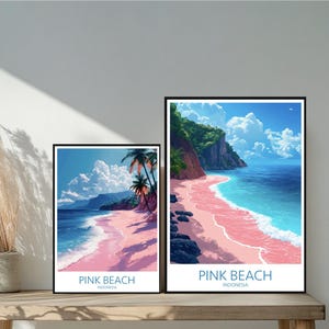 Poster de voyage sur la plage rose - Destinations emblématiques inspirées d'un mur unique - Île de Komodo, Indonésie, décoration moderne - Cadeau parfait pour les amateurs de voyage