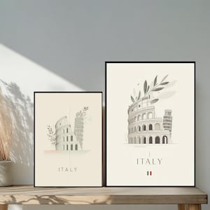 Poster de voyage minimaliste en Italie - Dessin au trait élégant Colisée et tour penchée avec branches d'olivier, couleurs du drapeau italien - Décoration murale moderne