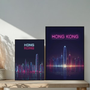 Cyberpunk Hong Kong Reiseposter - Minimale Neon-Skyline-Wandkunst, futuristisches Nachtleuchten der Stadt, Victoria Hafen Retro-Wellendekor