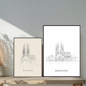 Modernes Line Art Poster von Barcelona mit der Sagrada Familia im eleganten minimalistischen Schwarzweiß-Stil für Reise- und Architekturliebhaber
