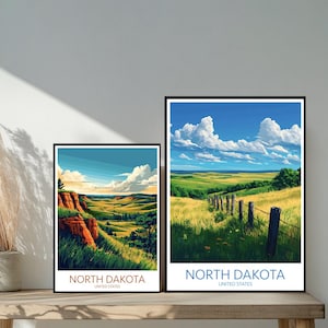 Poster de voyage du Dakota du Nord aux États-Unis - Destinations emblématiques inspirées d'un mur unique - Décoration d'intérieur moderne Fargo - Cadeau parfait pour les amateurs de voyage