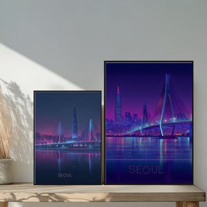Seoul Reiseposter - Futuristische Neon-Cyberpunk-Skyline mit Lotte-Tower und Han-River-Brücke, Südkorea Digital Art Print Night City Wall