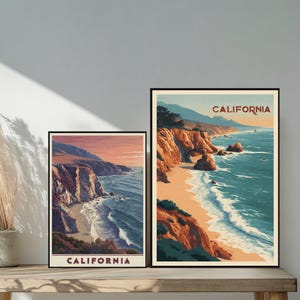 WPA Vintage California Coast Travel Poster – Retro Ocean Cliffside Beach Art, Warm Sunset Colors, 1930s National Park Style Wall Print