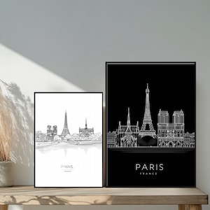 Paris Reiseplakat - Minimalistische Schwarz-Weiß-Linienkunst mit Eiffelturm, Notre-Dame und Seine, elegante französische Architektur