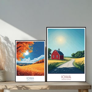 Poster de voyage Iowa, États-Unis - Destinations emblématiques inspirées d'un mur - Décoration d'intérieur moderne Des Moines USA - Cadeau parfait pour les amateurs de voyage