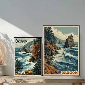 Oregon Coast WPA Vintage Travel Poster Retro Style Ocean Cliffs Pine Trees Bold Colors 1930s National Park Artwork Wall Art Print
