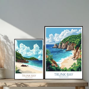 Pôster de viagem Trunk Bay Beach Virgin Islands - Destinos icônicos inspirados em parede exclusiva - Decoração moderna para casa nos EUA - Presente perfeito para amantes de viagens