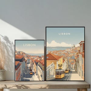 Lissabon Reiseposter - Minimalistische, flache Kunst über bunte Dächer, historische Strassenbahnen und den Fluss Tejo, Portugal, Wanddekoration, digitaler Download