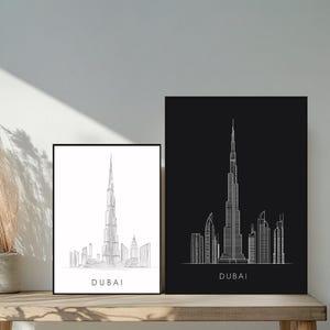 Modern Line Art Poster Of Dubai With Burj Khalifa In Minimalist Black And White Style, Elegant UAE Travel Architecture Wall Art