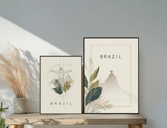 Minimalist Brazil Travel Poster With Christ The Redeemer And Sugarloaf Mountain, Elegant Line Art Brazilian Wall Art, Modern South America
