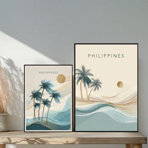 Philippines Minimalist Travel Poster Elegant Line Art Island Wall Art Beige Blue Gold Modern Tropical Print Contemporary Design Decor