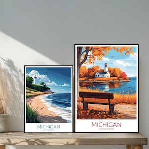 Affiche de voyage aux États-Unis du Michigan - Destinations emblématiques inspirées d'un mur unique - Décoration d'intérieur moderne de Détroit - Cadeau parfait pour les amateurs de voyage