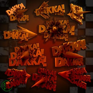May include: A selection of 3D rendered orange text spelling "DAKKA!" in diverse styles. Some designs incorporate sharp, angular features, while others have an explosive aesthetic. The backdrop presents a checkered pattern.