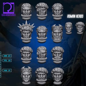 May include: A collection of gray miniature Roman head sculptures, each with unique details like laurel wreaths, helmets, and cybernetic enhancements. The text "ROMAN HEADS" is displayed. The logo "DAO MINIATURES" is also visible.