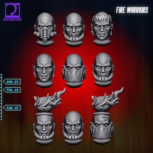 May include: A collection of gray miniature warrior heads with various facial expressions and protective gear. The heads are displayed against a dark background, with the text "FIRE WARRIORS" at the top.