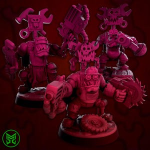 May include: A collection of magenta-colored Ork miniatures, each posed with various tools and weapons. The figures feature skull-shaped details and are set on individual bases. The overall theme suggests a fantasy or tabletop gaming context.