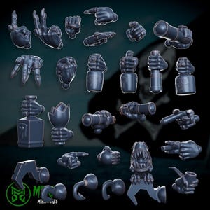 May include: A selection of dark grey miniature pirate-themed figurines. The set includes various hand gestures, spyglasses, bottles, hooks, a smoking pipe, and a creature with a toothy grin. The miniatures are likely for tabletop gaming or model building.