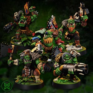 May include: A group of detailed miniature Orc figures, each with green skin, various weapons, and battle armor. The figures are posed on small, round bases, with a blurred green background.