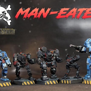 May include: A collection of miniature robot figures in various poses. The robots are painted in shades of blue, black, and red. The text "MAN-EATERS" is displayed in red, and a shark skull logo is in the upper left corner.
