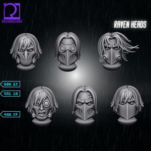 Könnte beinhalten: Sechs graue Miniatur-Raven-Köpfe mit verschiedenen Ausdrücken und Masken. Die Köpfe werden vor einem dunklen Hintergrund mit dem Text "Raven Heads" und dem Logo "DAO MINIATURES" angezeigt. Preisschilder sind darunter sichtbar.