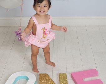 Flamingo First Birthday - Pink and Gold Flamingo First Birthday Sunsuit - Tropical First Birthday