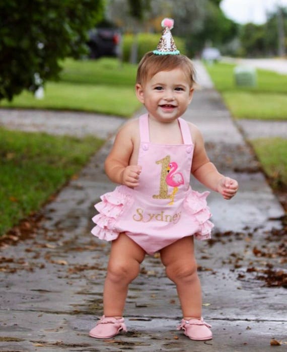 Flamingo First Birthday Outfit sunsuit Pink and Gold | Etsy
