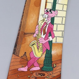 Vintage Pink Panther Tie Handmade AMALS – Cartoon Necktie with Jazz Saxophone Design, Retro Novelty Music Gift