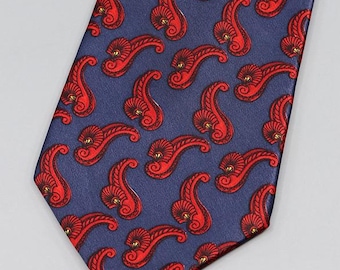 Lanvin Paris Vintage Silk Tie – Red Paisley on Blue