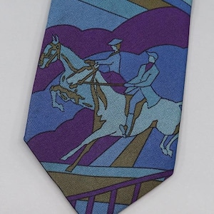 Vintage Alpi Silk Tie – Jockey & Horse Riding Scene in Blue and Purple
