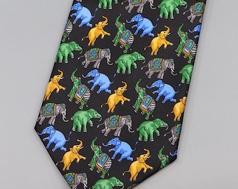 Vintage Italiaanse zijden stropdas – Kleurrijke olifantenprint op zwart