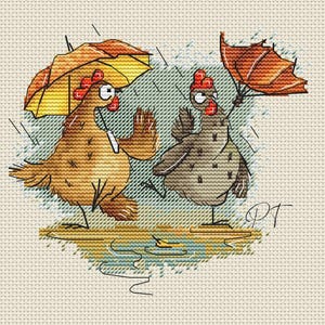 May include: Two chickens wearing umbrellas, one yellow and one orange, walk in the rain. The chickens are brown and gray with red combs.