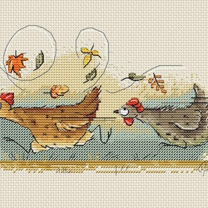 May include: Cross-stitch design featuring two chickens running, with autumn leaves swirling around them. The first chicken is brown, and the second is gray. The background has a light beige color.