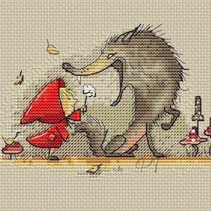 Little Red Riding Hood, wolf, acquaintance, meeting, fairy tale, embroidery, needlework, cross stitch, hobby, handmade